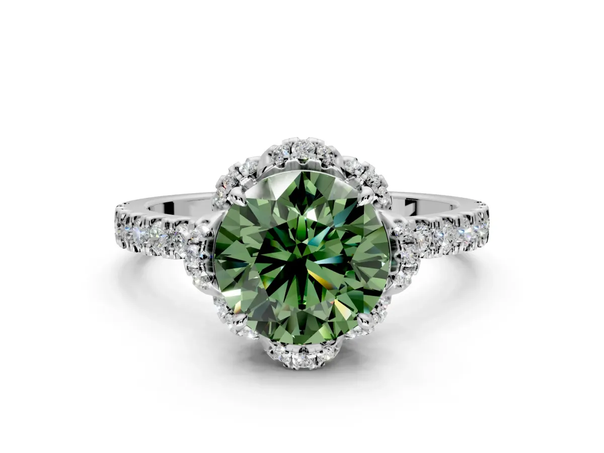 Halo Engagement Ring Setting for Fancy Green Round Cut Center with Openwork Halo, Pave Band and Prong Head in White Gold