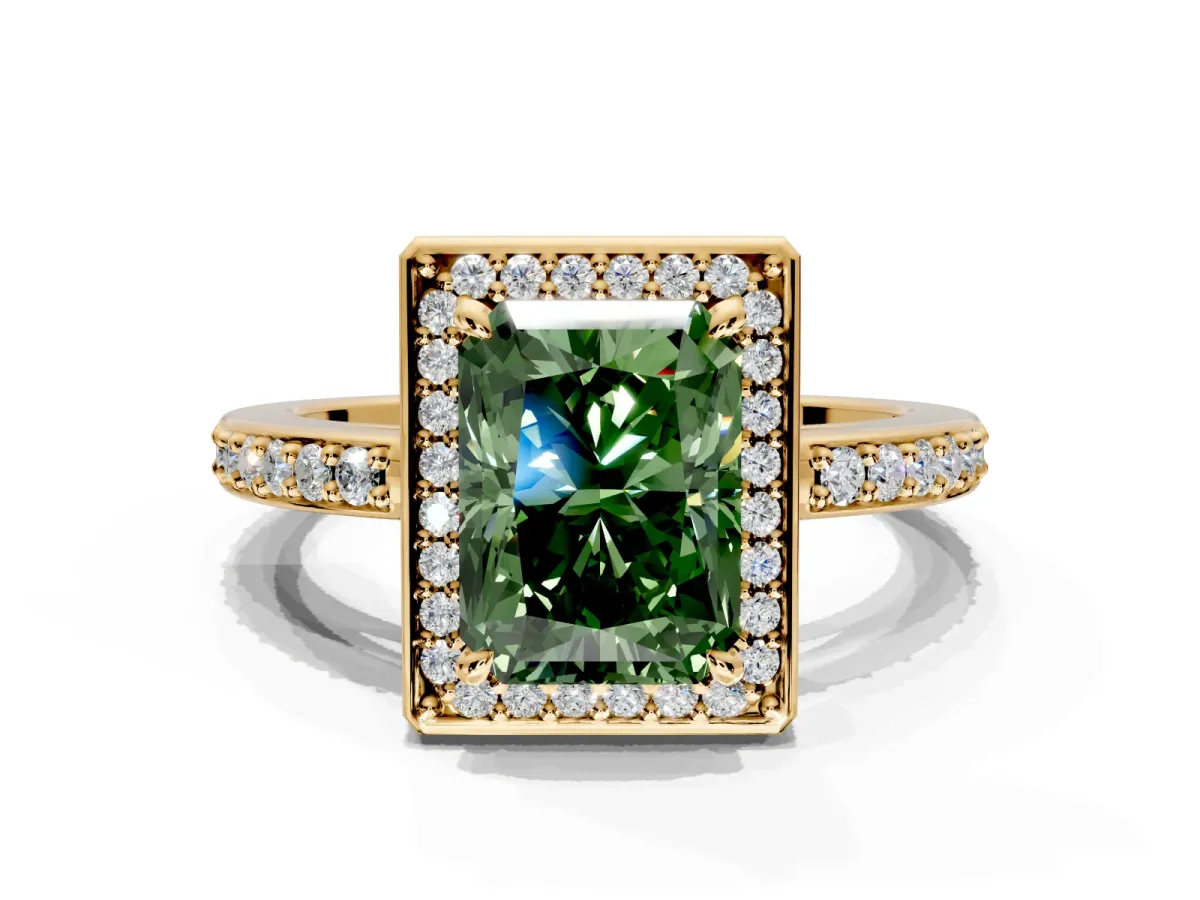 Halo Engagement Ring Setting for Fancy Green Radiant Cut Center with Metal-Rimmed Halo, Pave Band and Prong Head in Yellow Gold