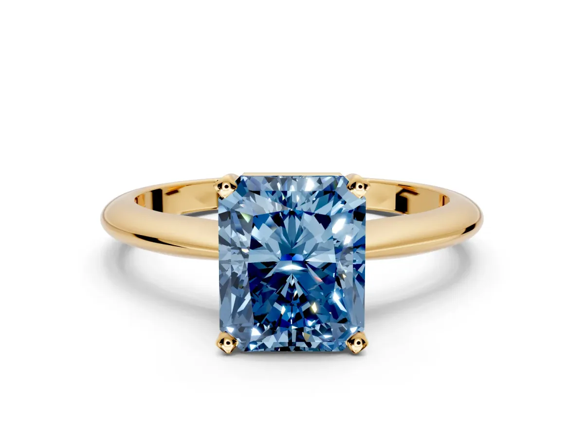 Solitaire Engagement Ring Setting for Fancy Blue Radiant Cut Center with Knife Ridge Band and Claw Prong Head in Yellow Gold