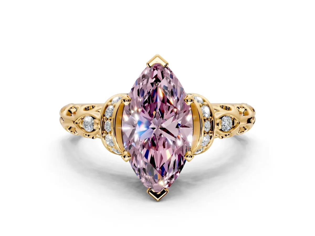 Solitaire Engagement Ring Setting for Fancy Pink Marquise Center with Filigree Band and Prong Head in Yellow Gold