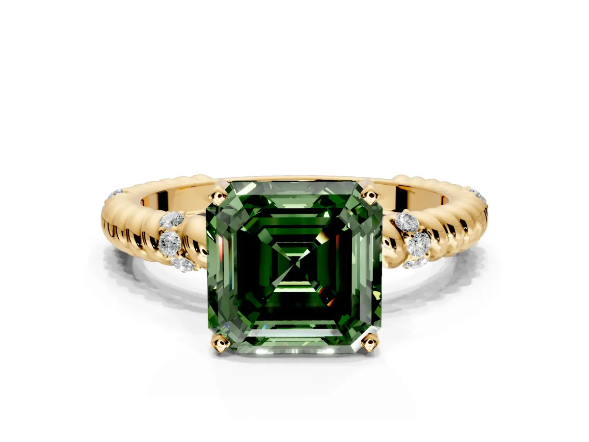 Rope Engagement Ring Setting for Fancy Green Asscher Cut Center with Accent Shoulders and Prong Head in Yellow Gold