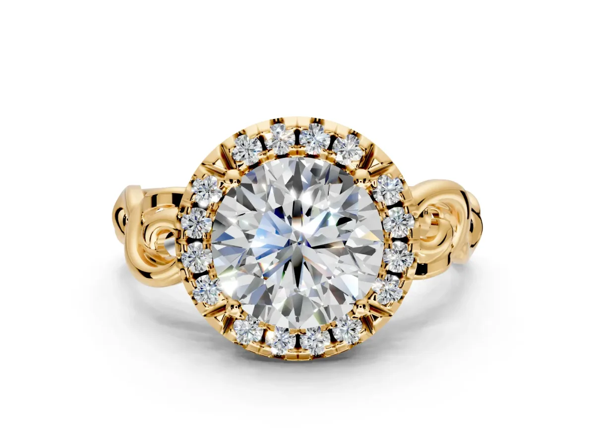 Halo Engagement Ring Setting for Round Cut Center with Open Scroll Shoulders and Prong Head in Yellow Gold