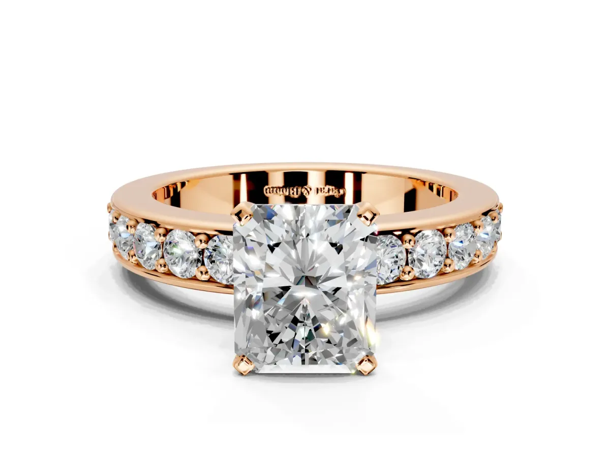 Solitaire Engagement Ring Setting for Radiant Cut Center with Channel-Set Accents and Prong Head in Rose Gold