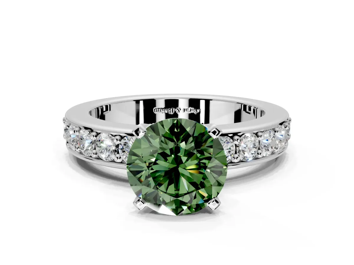 Solitaire Engagement Ring Setting for Fancy Green Round Cut Center with Channel-Set Accents and Prong Head in Sterling Silver