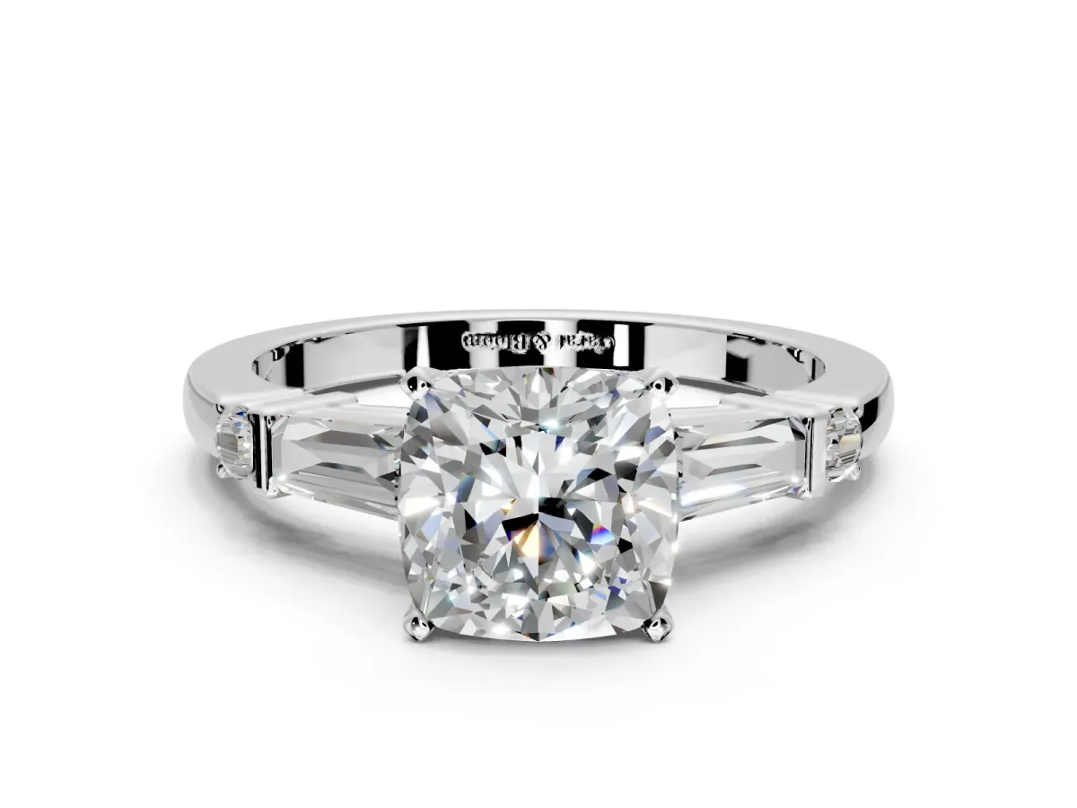 Bar-Set Engagement Ring Setting for Cushion Cut Center with Tapered Baguette Accents and Prong Head in Platinum
