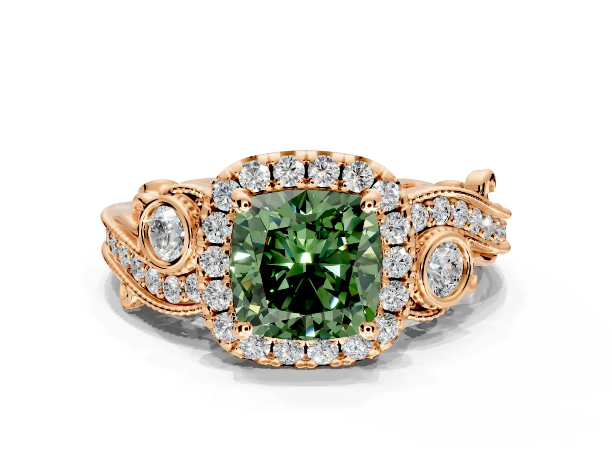 Milgrain Halo Engagement Ring Setting for Fancy Green Cushion Cut Center with Shoulder Bezels and Prong Head in Rose Gold