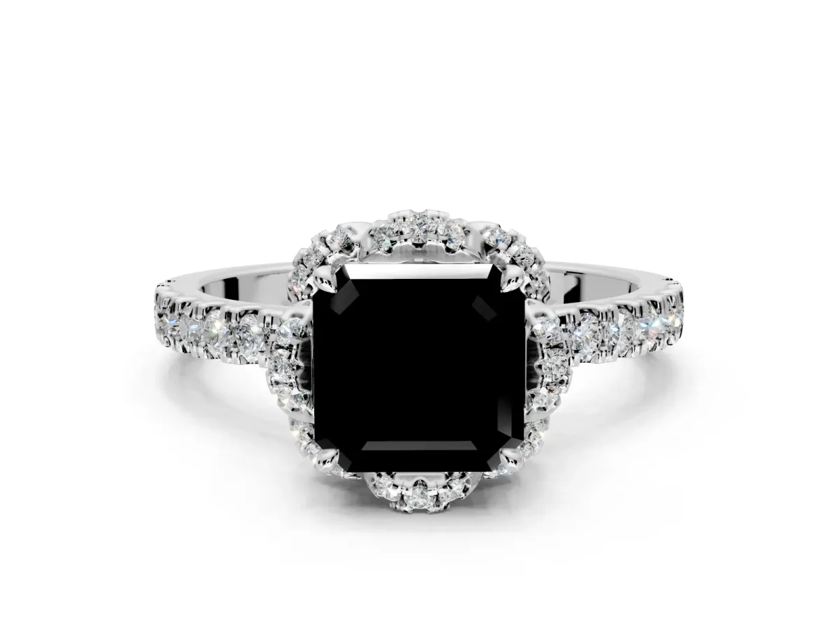 Floral Halo Engagement Ring Setting for Fancy Black Asscher Cut Center with Pave Band and Prong Head in White Gold