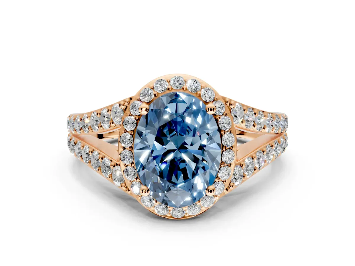 Halo Engagement Ring Setting for Fancy Blue Oval Center with Narrow Pave Split Shank and Prong Head in Rose Gold