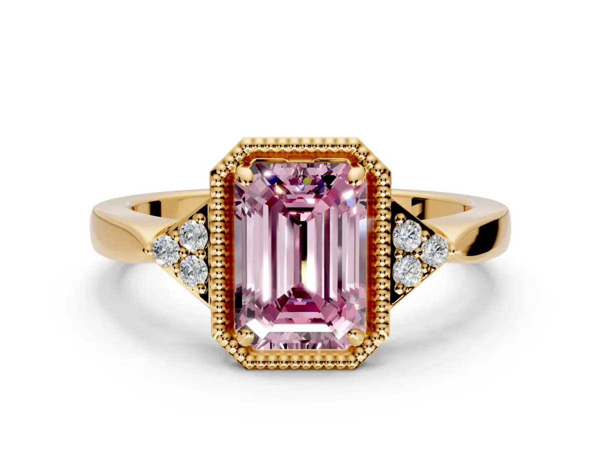 Cluster Engagement Ring Setting for Fancy Pink Emerald Cut Center with Milgrain Shoulder Clusters and Prong Head in Yellow Gold