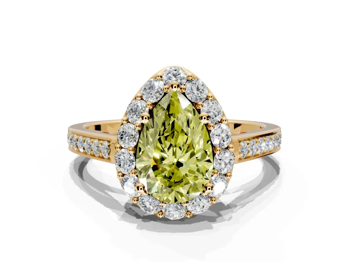 Floral Halo Engagement Ring Setting for Fancy Yellow Pear-Shaped Center with Large Halo Accents and Prong Head in Yellow Gold