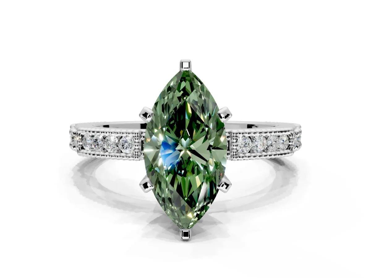Solitaire Engagement Ring Setting for Fancy Green Marquise Center with Milgrain-Edged Pave Band and Prong Head in Platinum