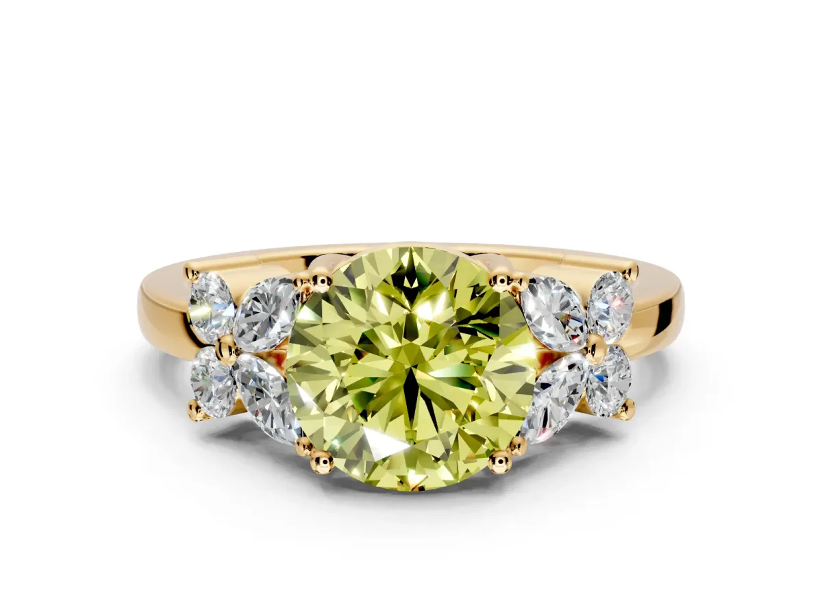 Floral Engagement Ring Setting for Fancy Yellow Round Cut Center with Marquise Cluster Shoulders and Prong Head in Yellow Gold