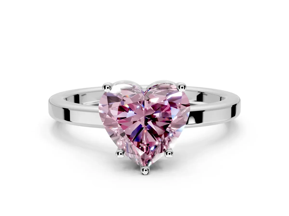 Hidden Halo Engagement Ring Setting for Fancy Pink Heart-Shaped Center with Wide Flat Plain Band and Prong Head in Sterling Silver