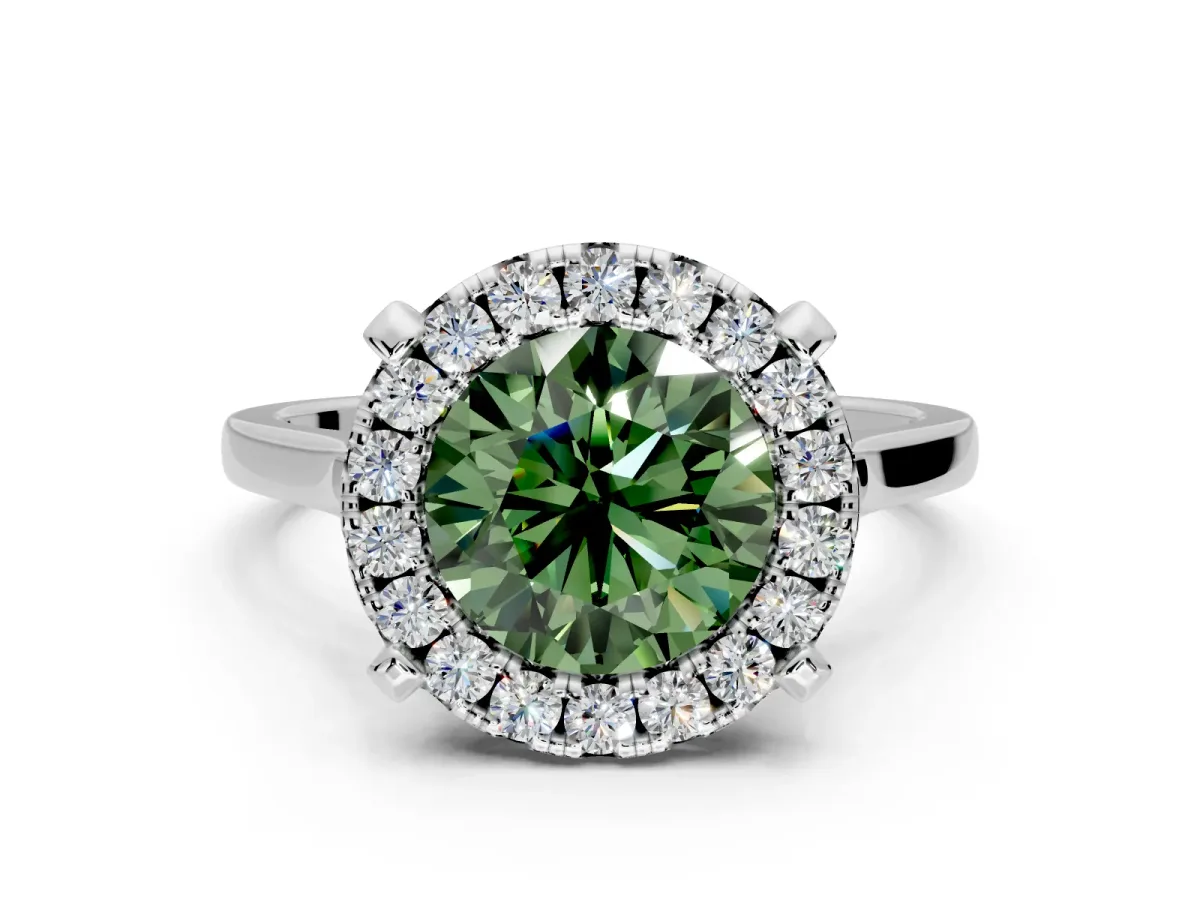 Single Halo Engagement Ring Setting for Fancy Green Round Cut Center with Corner Claws, Plain Band and Prong Head in Platinum