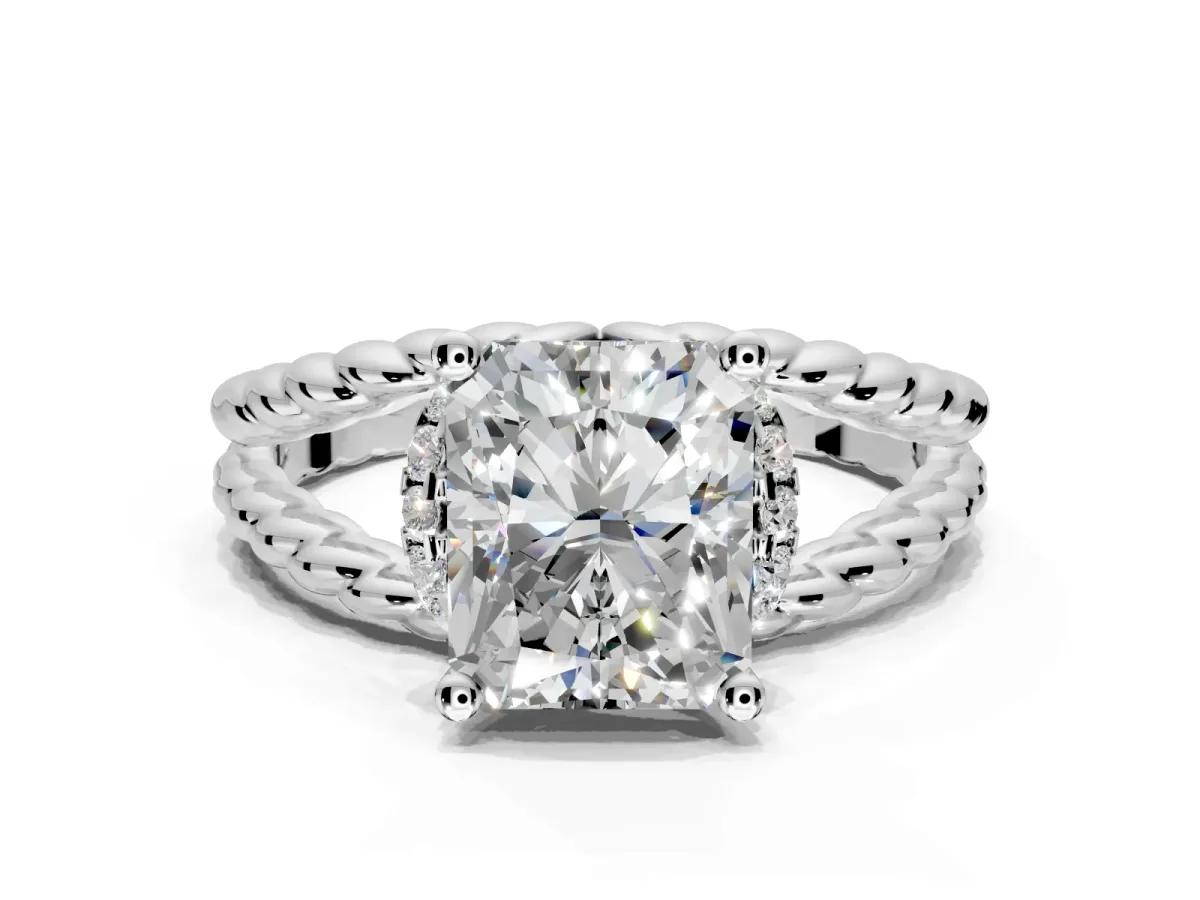 Halo Engagement Ring Setting for Radiant Cut Center with Rope Twist Split Shank and Prong Head in Sterling Silver