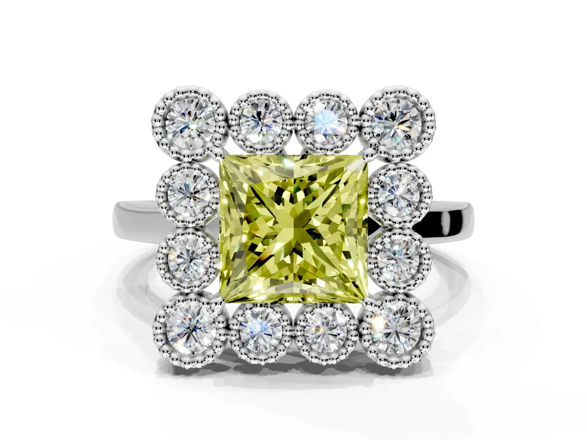 Cluster Halo Engagement Ring Setting for Fancy Yellow Princess Cut Center with Milgrain Bezel Accents and Prong Head in White Gold