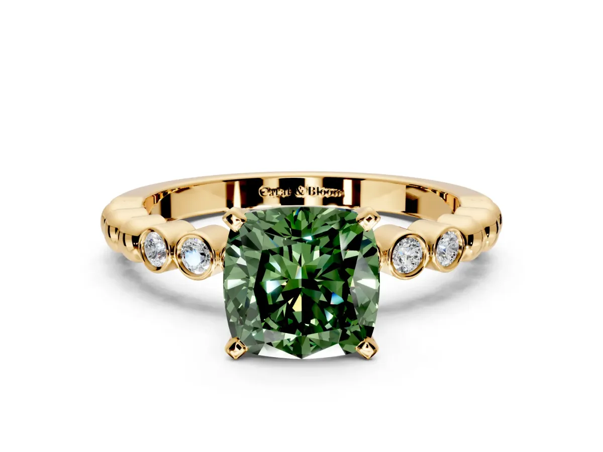 Solitaire Engagement Ring Setting for Fancy Green Cushion Cut Center with Bezel-Dot Beaded Band and Prong Head in Yellow Gold