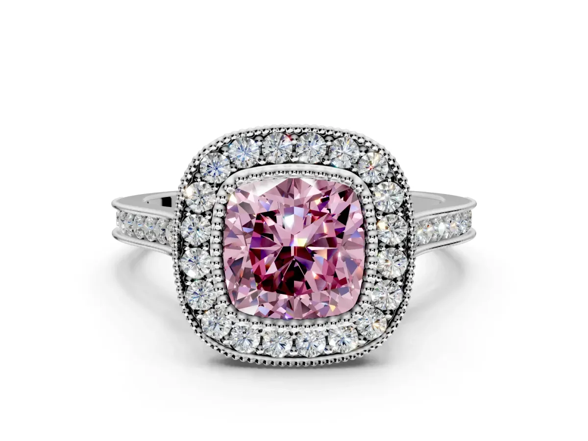 Halo Engagement Ring Setting for Fancy Pink Cushion Cut Center with Milgrain Frame, Pave Band and Prong Head in Platinum