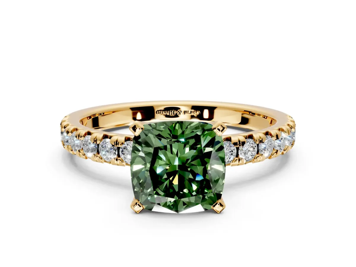 Solitaire Engagement Ring Setting for Fancy Green Cushion Cut Center with Large Accents and Prong Head in Yellow Gold