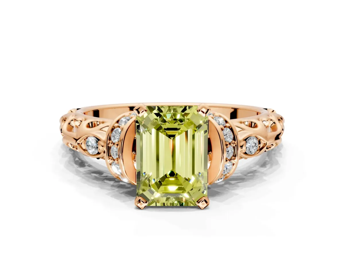 Solitaire Engagement Ring Setting for Fancy Yellow Emerald Cut Center with Filigree Band and Prong Head in Rose Gold