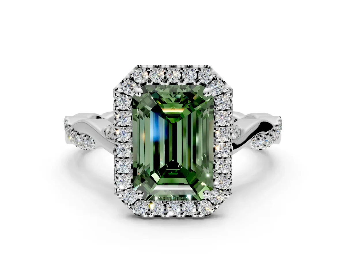 Halo Engagement Ring Setting for Fancy Green Emerald Cut Center with Twist Band and Prong Head in Platinum