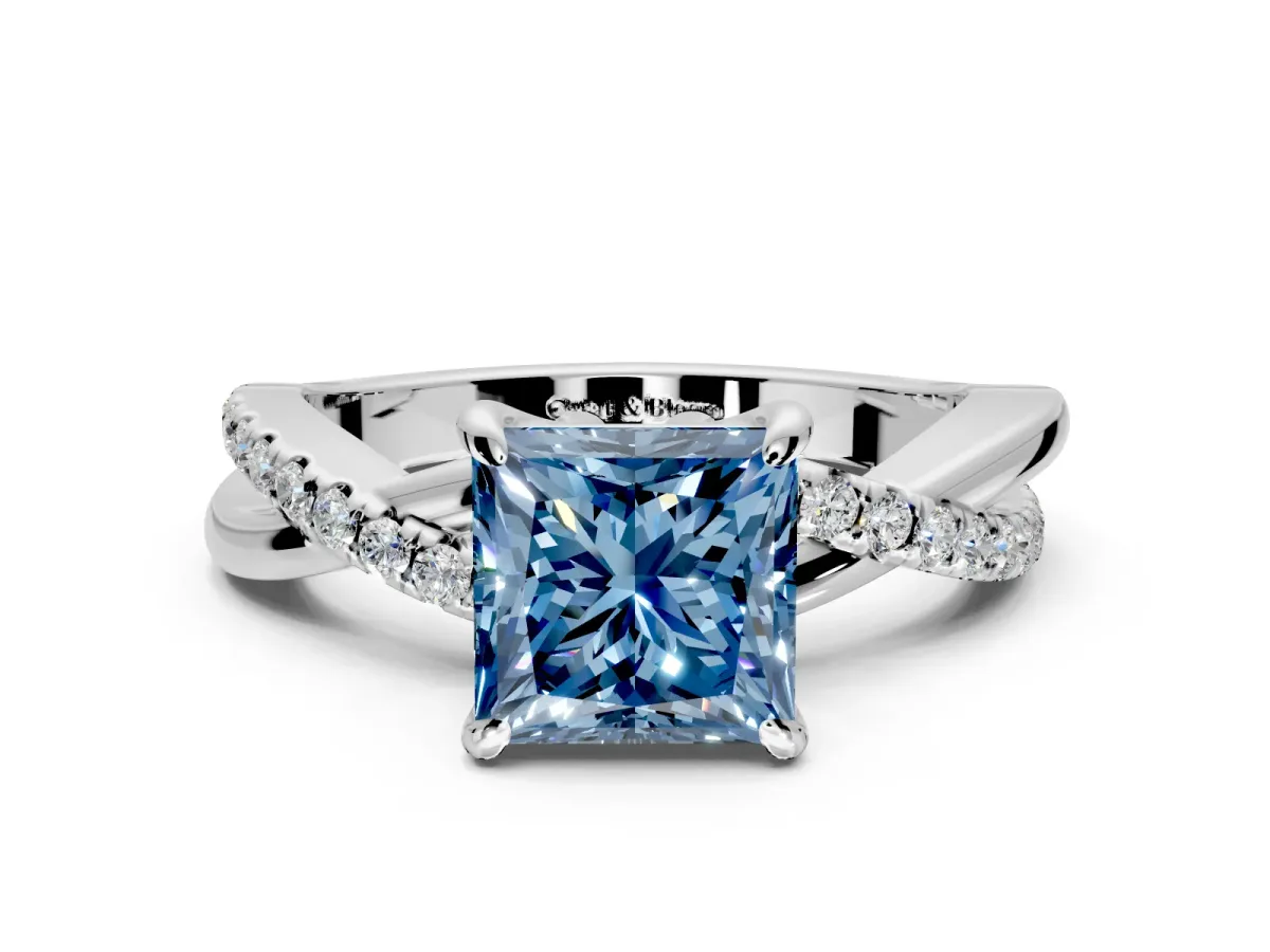 Solitaire Engagement Ring Setting for Fancy Blue Princess Cut Center with Half-Pave Crossover Band and Prong Head in Platinum