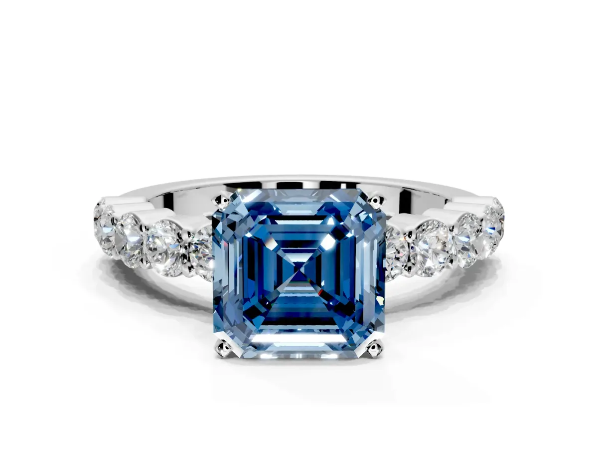Shared-Prong Engagement Ring Setting for Fancy Blue Asscher Cut Center with Graduated Accents and Prong Head in Sterling Silver