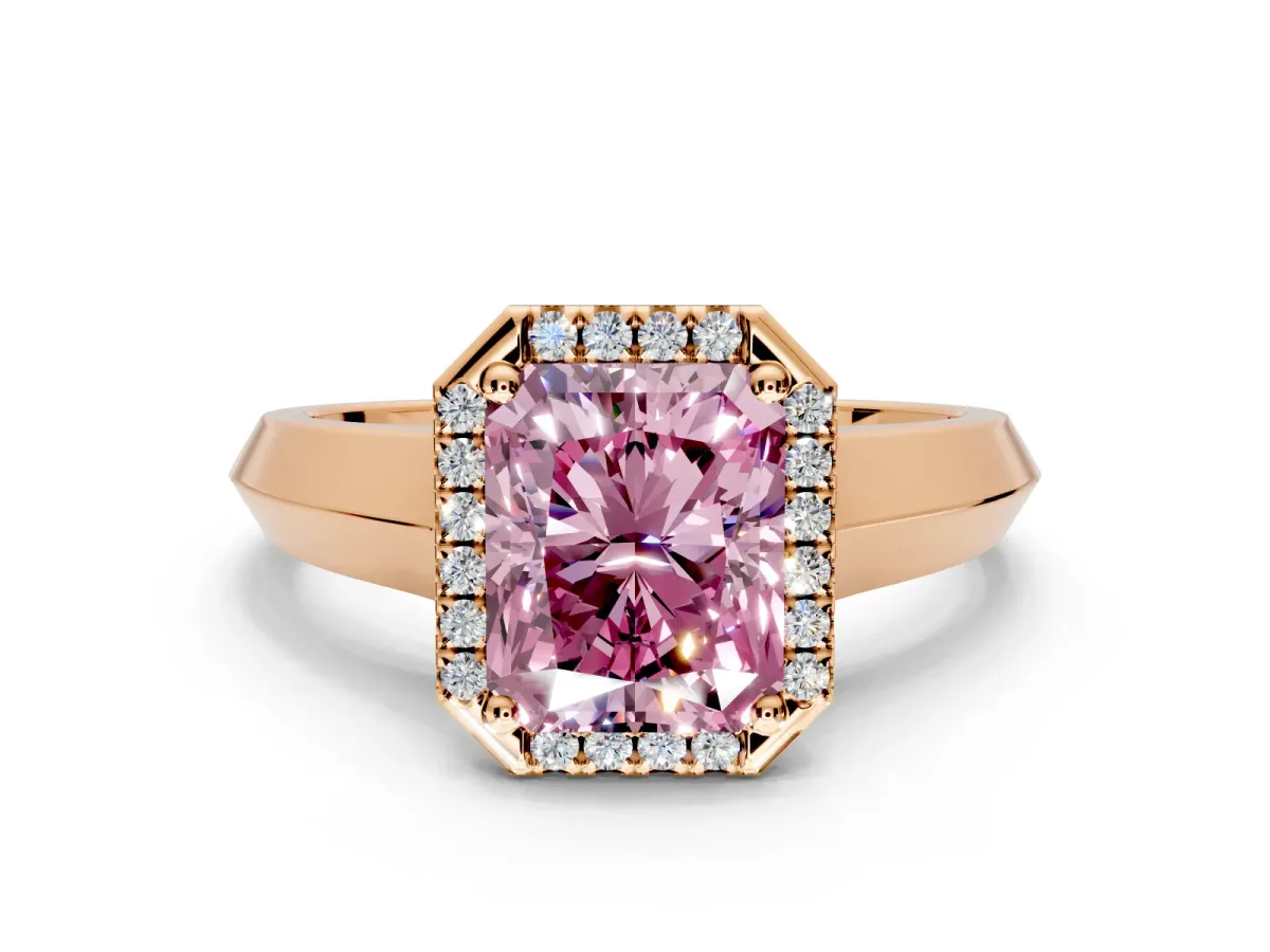 Halo Engagement Ring Setting for Fancy Pink Radiant Cut Center with Knife Ridge Cathedral Band and Prong Head in Rose Gold