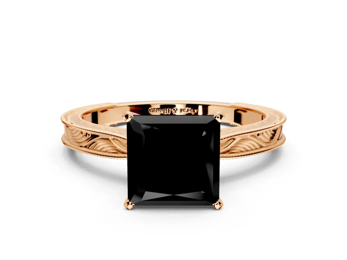 Solitaire Engagement Ring Setting for Fancy Black Princess Cut Center with Engraved Milgrain Band and Prong Head in Rose Gold