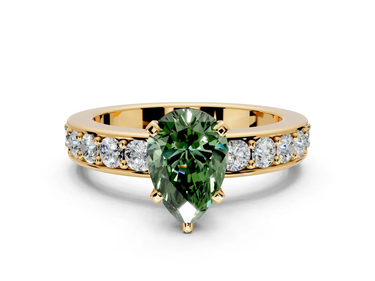 Solitaire Engagement Ring Setting for Fancy Green Pear-Shaped Center with Channel-Set Accents and Prong Head in Yellow Gold