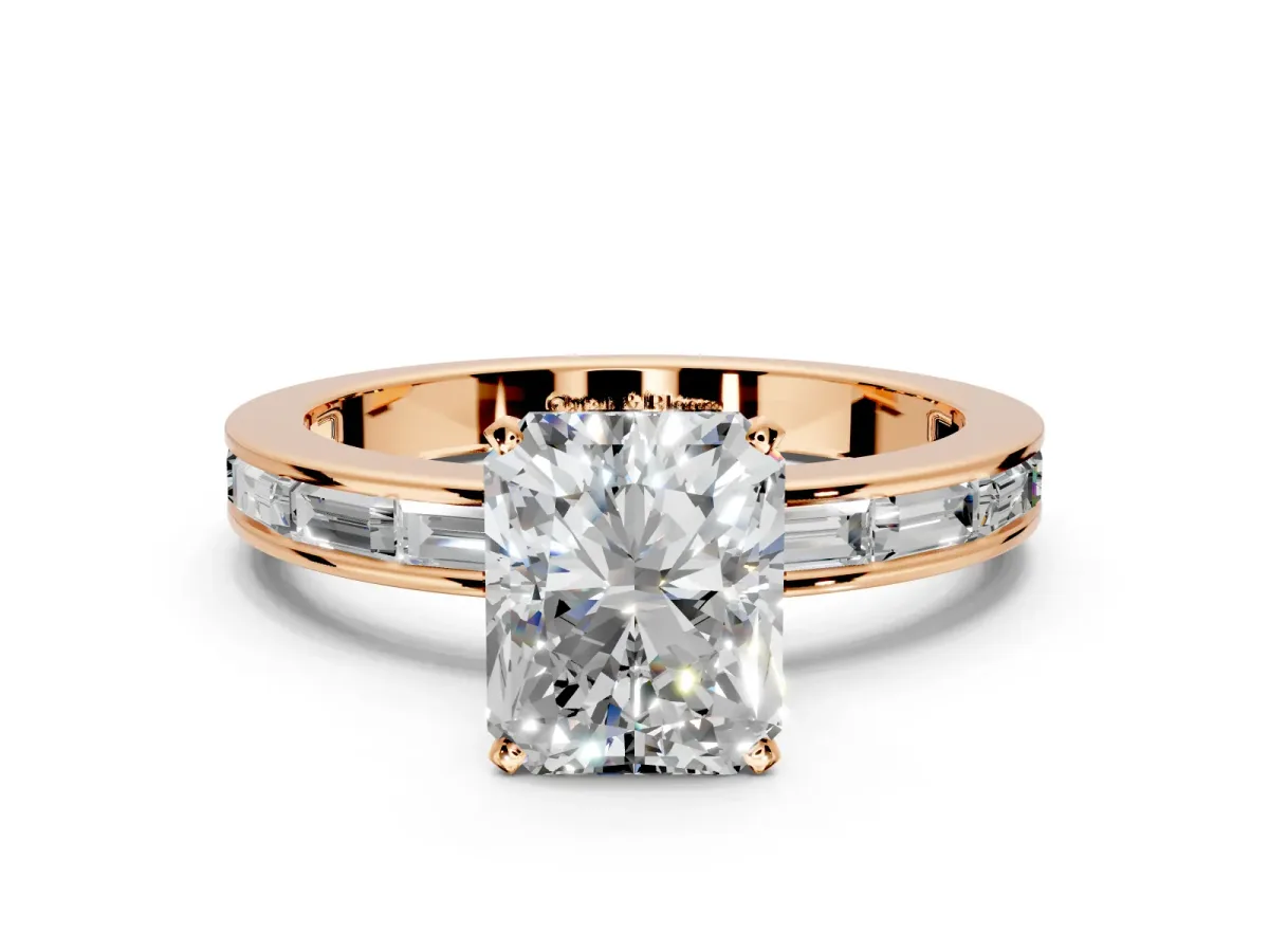 Solitaire Engagement Ring Setting for Radiant Cut Center with Channel Baguette Band and Prong Head in Rose Gold