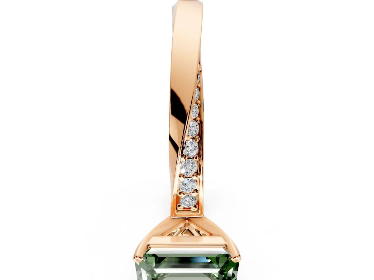Side Accent Engagement Ring Setting for Fancy Green Emerald Cut Center with Accent Shoulders and Prong Head in Rose Gold