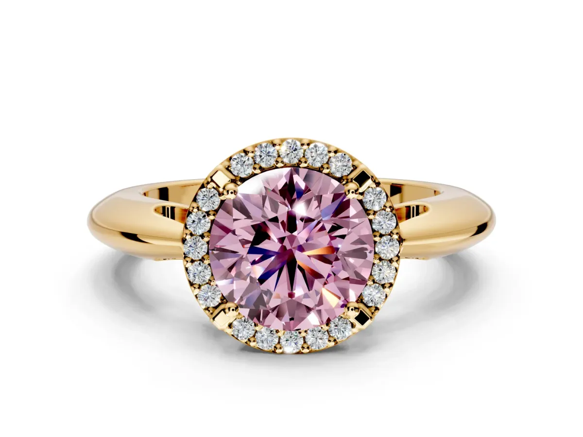 Halo Engagement Ring Setting for Fancy Pink Round Cut Center with Tapered Plain Band and Prong Head in Yellow Gold