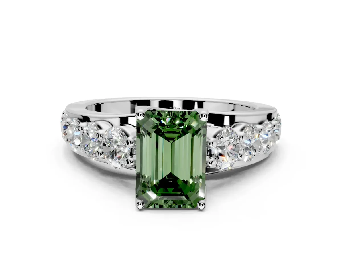 Solitaire Engagement Ring Setting for Fancy Green Emerald Cut Center with Graduated Shared Prongs and Prong Head in Platinum