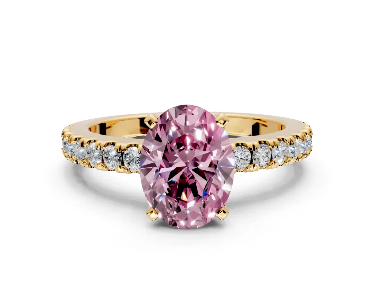 Solitaire Engagement Ring Setting for Fancy Pink Oval Center with Single Row Accent Band and Prong Head in Yellow Gold