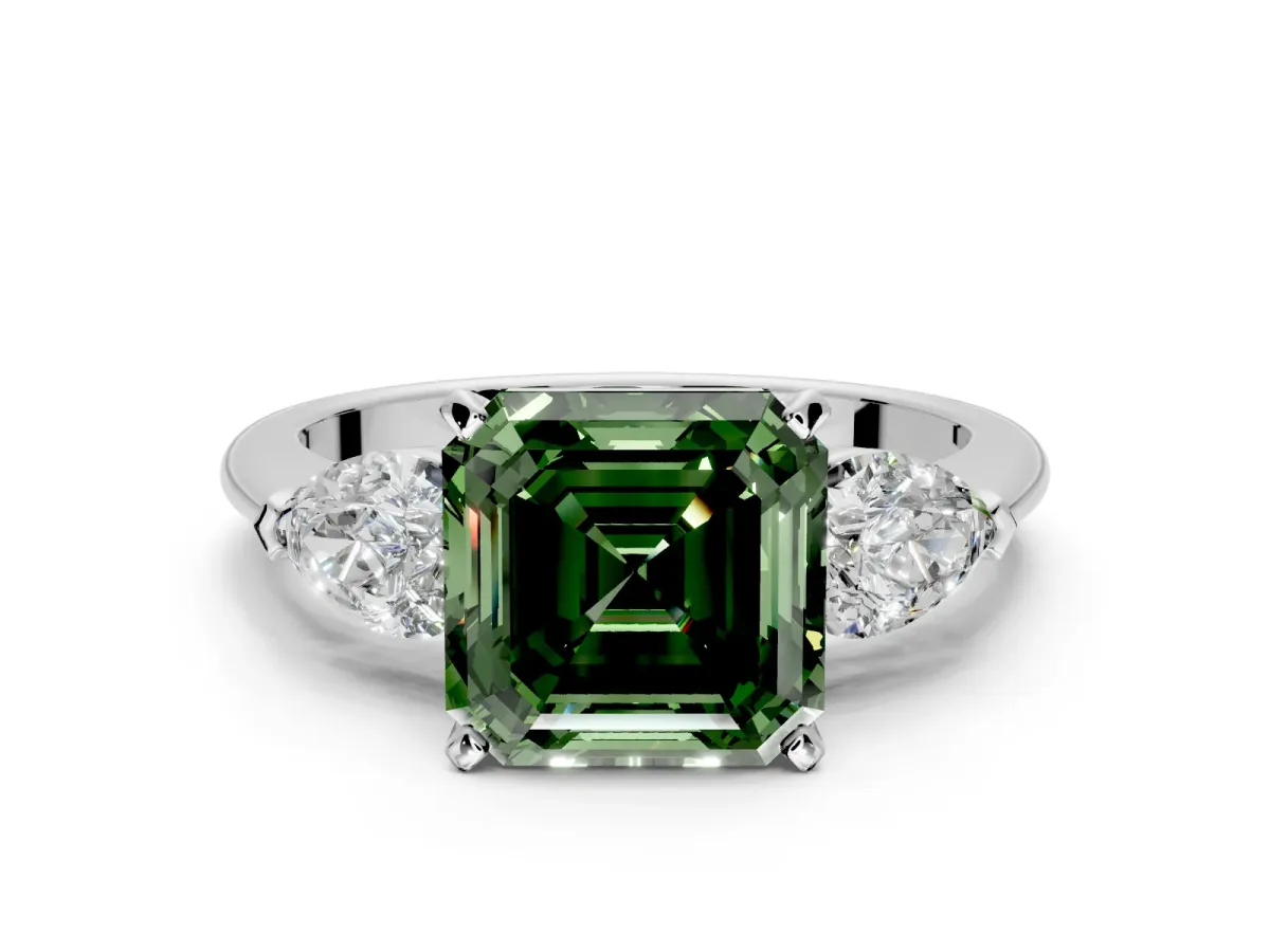 3 Stone Engagement Ring Setting for Fancy Green Asscher Cut Center with Large Pear-Shaped Accents and Prong Head in Platinum