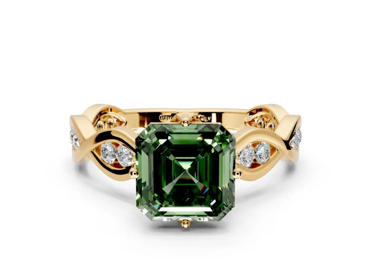Solitaire Engagement Ring Setting for Fancy Green Asscher Cut Center with Accented Twist Band and Leaf Prong Head in Yellow Gold