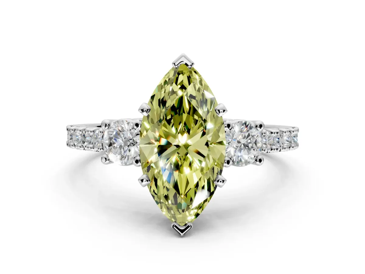 3 Stone Engagement Ring Setting for Fancy Yellow Marquise Center with Round Cut Side Accents and Prong Head in Sterling Silver