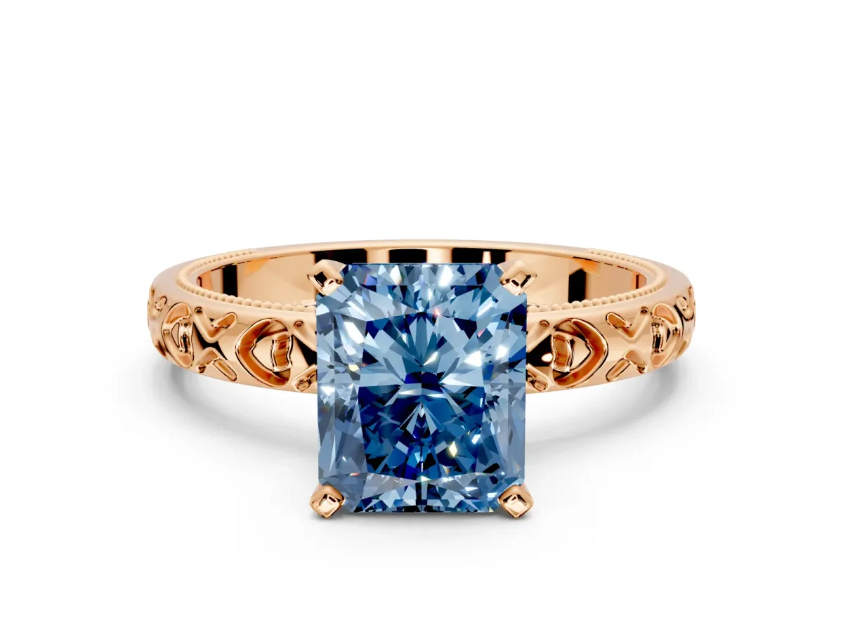 Solitaire Engagement Ring Setting for Fancy Blue Radiant Cut Center with XO Engraved Band and Prong Head in Rose Gold