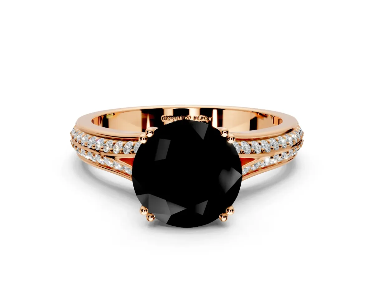 Solitaire Engagement Ring Setting for Fancy Black Round Cut Center with Pave Rail Split Shank and Prong Head in Rose Gold