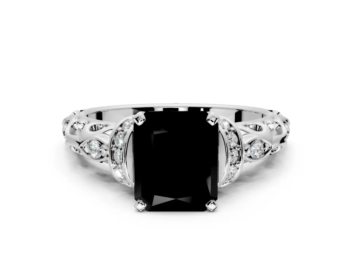 Solitaire Engagement Ring Setting for Fancy Black Radiant Cut Center with Filigree Band and Prong Head in White Gold