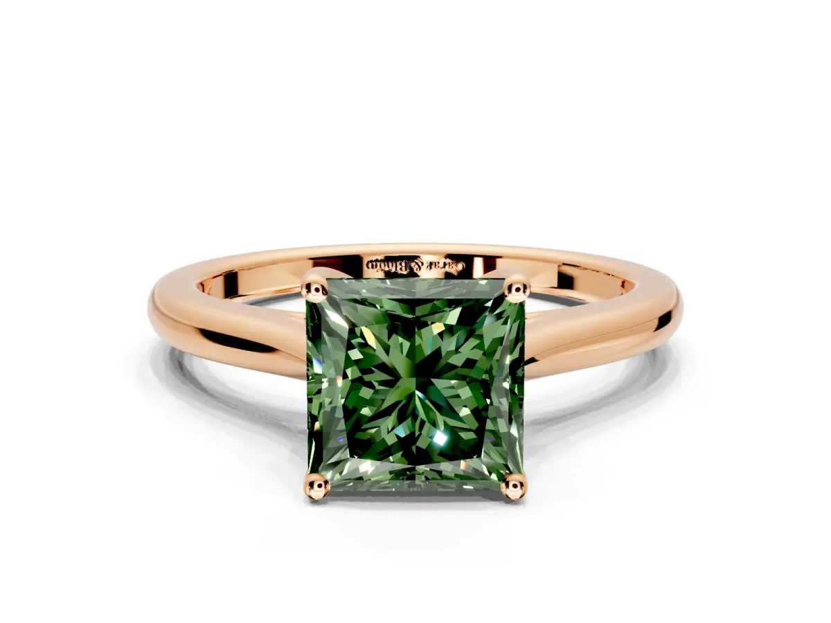 Solitaire Engagement Ring Setting for Fancy Green Princess Cut Center with Narrow Cathedral Band and Prong Head in Rose Gold