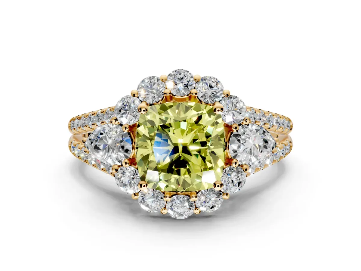 Halo Engagement Ring Setting for Fancy Yellow Cushion Cut Center with Two-Strand Split Shank and Prong Head in Yellow Gold