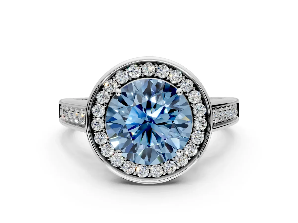 Halo Engagement Ring Setting for Fancy Blue Round Cut Center with Outer Bezel Rim, Pave Band and Prong Head in Platinum