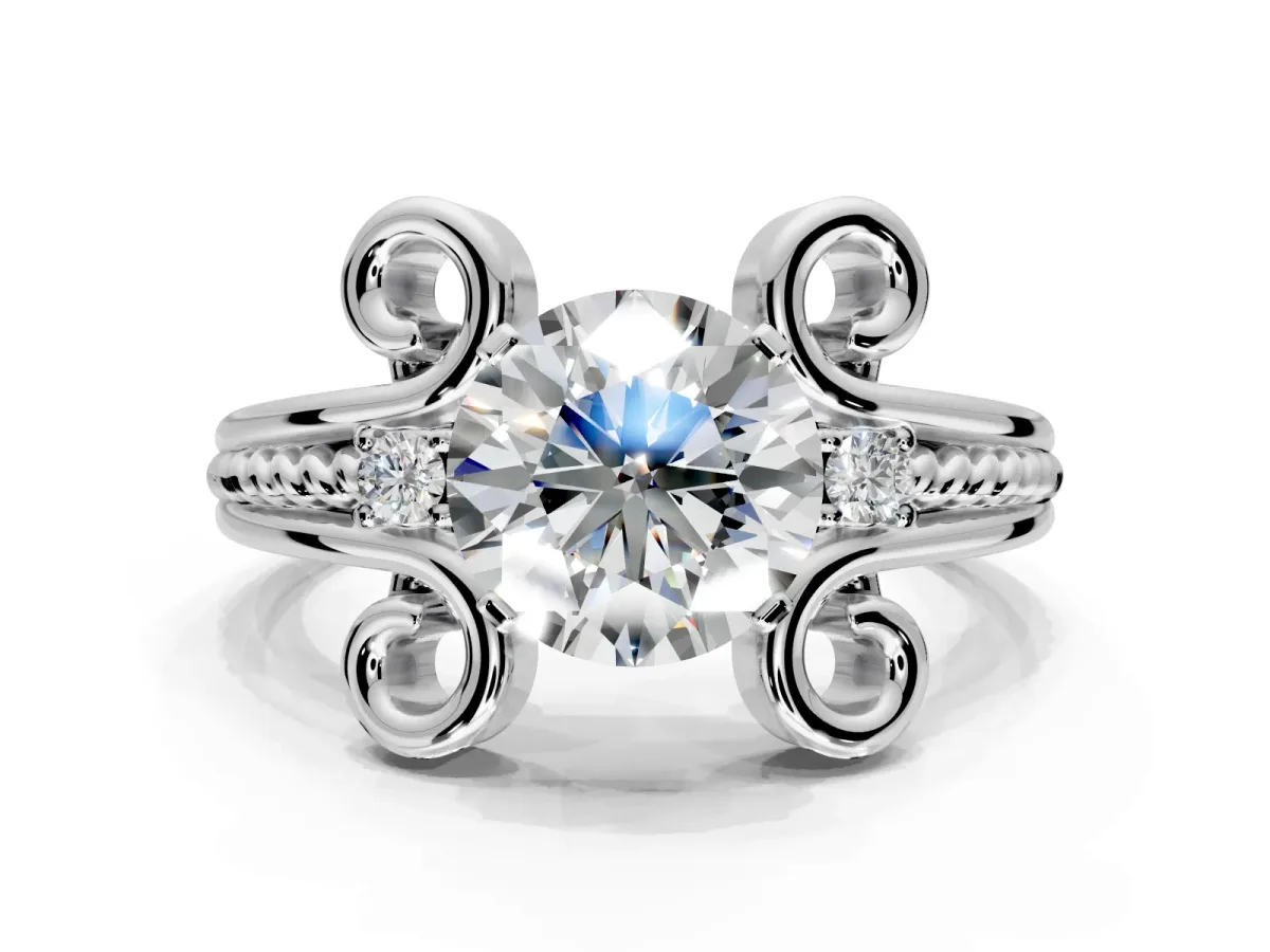 Solitaire Engagement Ring Setting for Round Cut Center with Twisted Band and Scroll Prong Head in Platinum