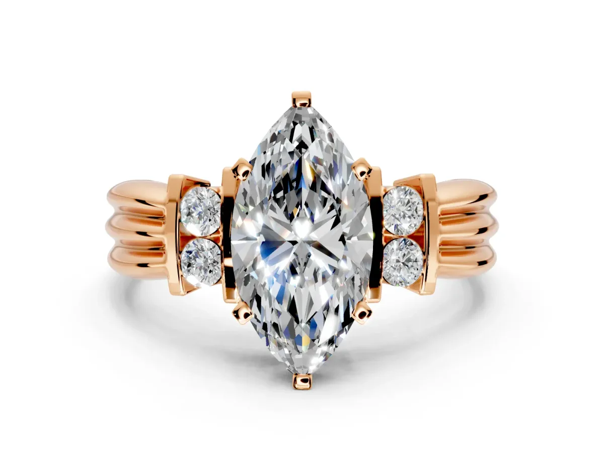 Solitaire Engagement Ring Setting for Marquise Center with Grooved Bar Accent Band and Prong Head in Rose Gold