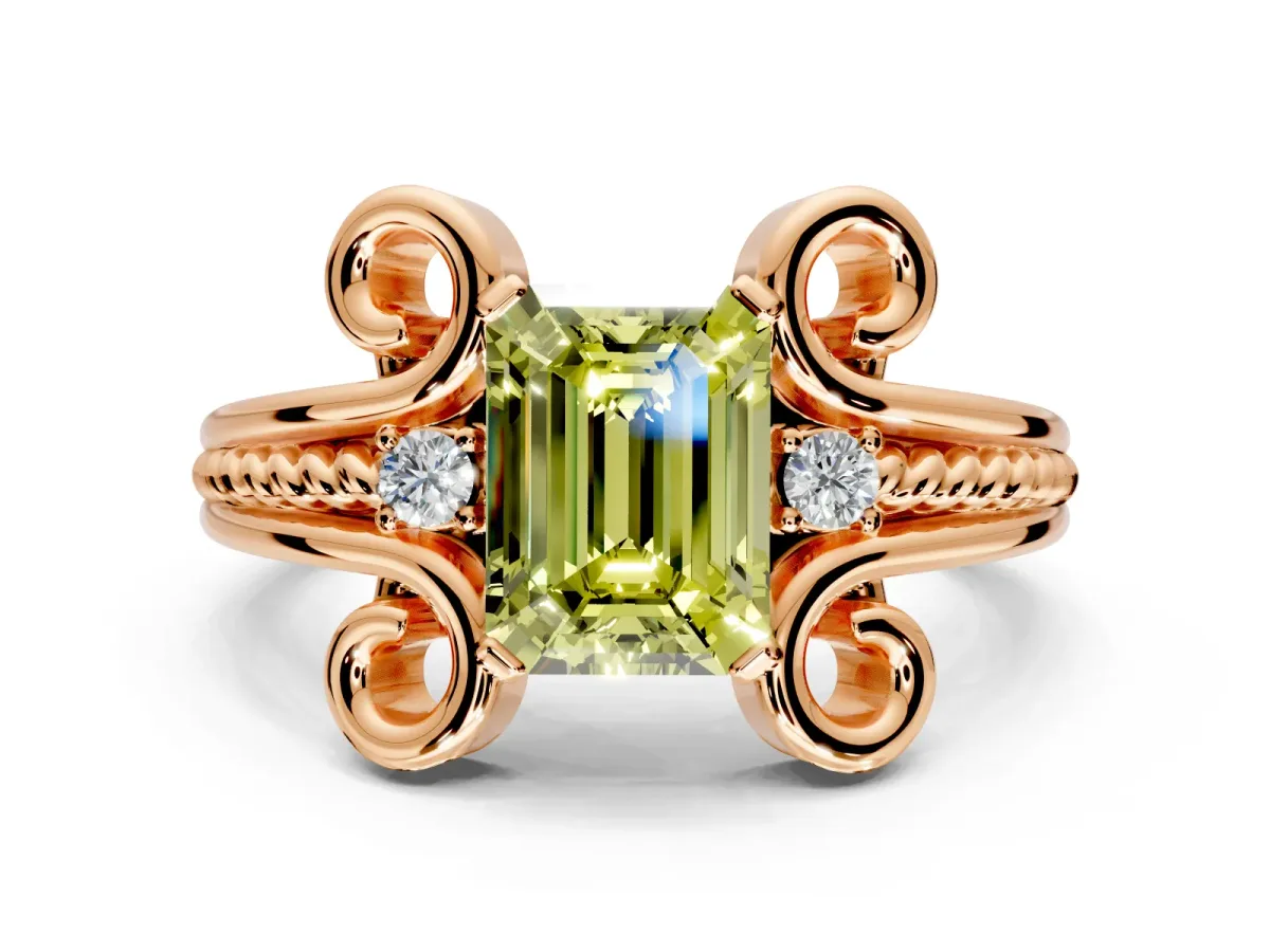 Solitaire Engagement Ring Setting for Fancy Yellow Emerald Cut Center with Twisted Band and Scroll Prong Head in Rose Gold