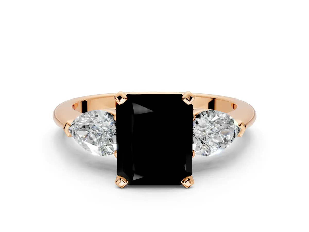 3 Stone Engagement Ring Setting for Fancy Black Radiant Cut Center with Large Pear-Shaped Accents and Prong Head in Rose Gold