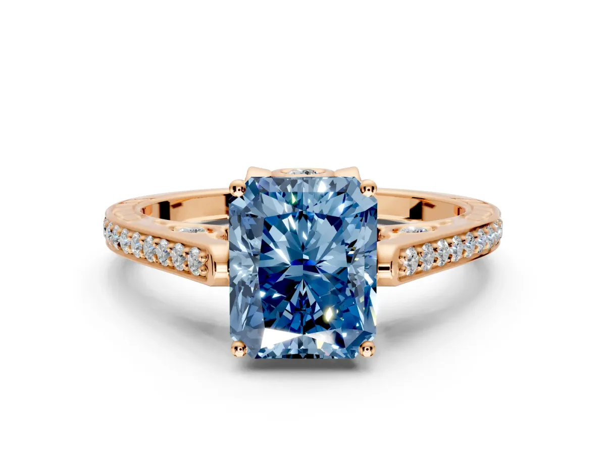 Cathedral Engagement Ring Setting for Fancy Blue Radiant Cut Center with Antique-Style Pave Band and Prong Head in Rose Gold