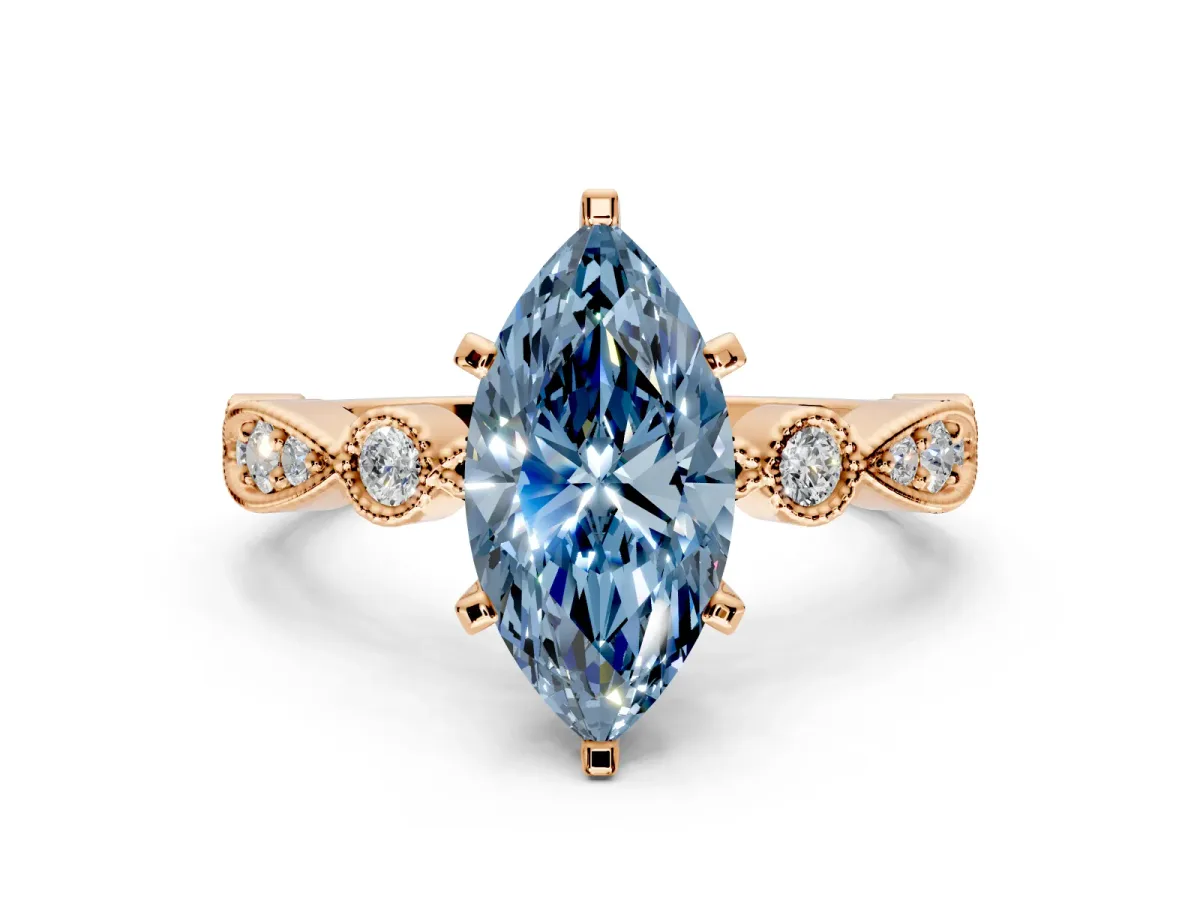 Solitaire Engagement Ring Setting for Fancy Blue Marquise Center with Milgrain Bezel Accents and Prong Head in Rose Gold